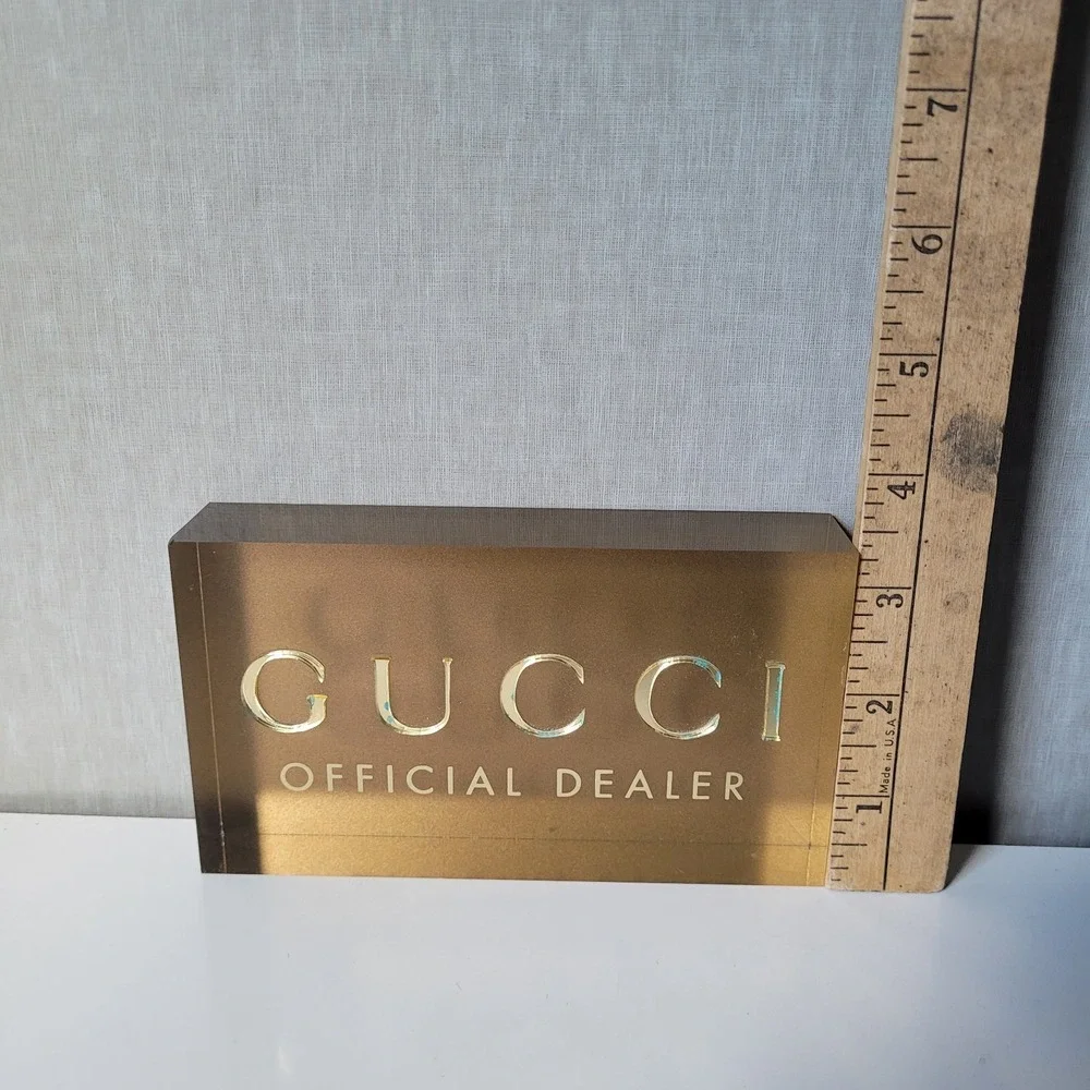 Gucci Official Dealer Lucite Logo Sign Gold Acrylic Display Block Boutique Decor